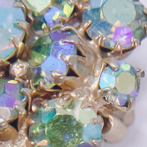 VTG Mid Century Earrings AB Rhinestone Cluster Clip On Gold Tone 1950s 60s - Picture 14 of 16